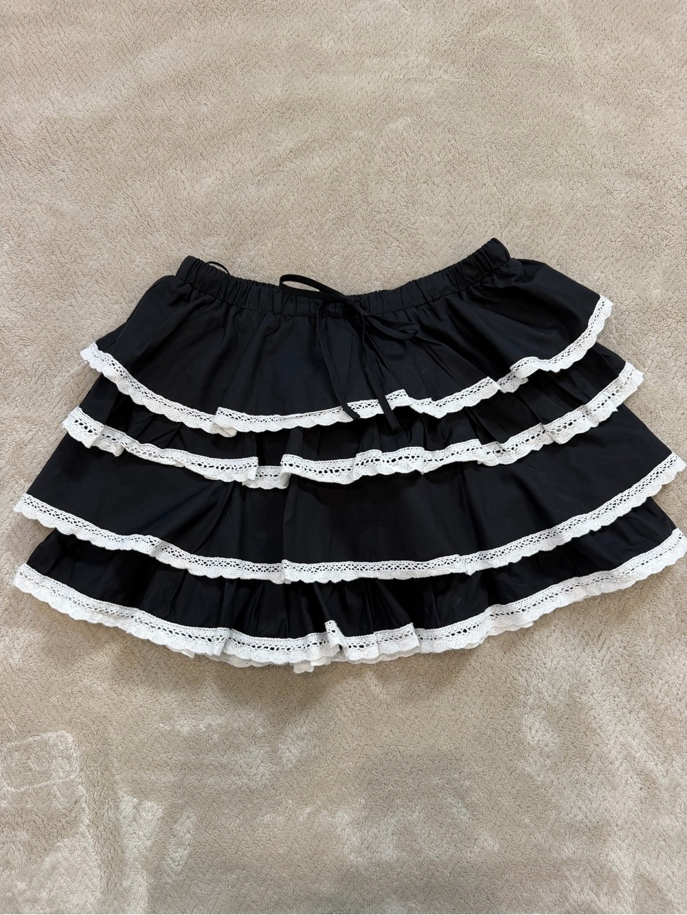 Black Tiered Mini Skirt with White Lace Trim